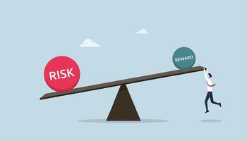 Risk and reward on the seesaw showing greater risk than reward, businessman try to make it in balance or equilibrium vector