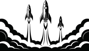 Silhouette depiction of three rockets launching into the sky leaving trails of smoke representing space exploration and advancement. vector