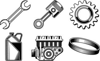 Mechanical tools and engine components in black and white outline for automotive repair projects vector