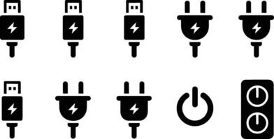 Set of black iconography depicting charging cables power plugs power buttons and electrical switch symbols vector