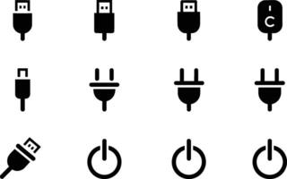Set of black and white icon illustrations representing technology connectors and power buttons vector