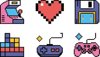 Pixel art retro gaming icons including arcade machine heart floppy disk game controller and blocks vector