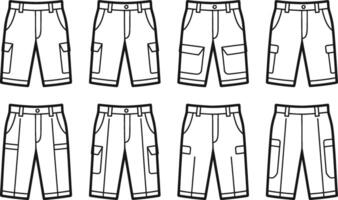 A collection of eight outlined illustrations of cargo shorts isolated on a plain white background suitable for design vector