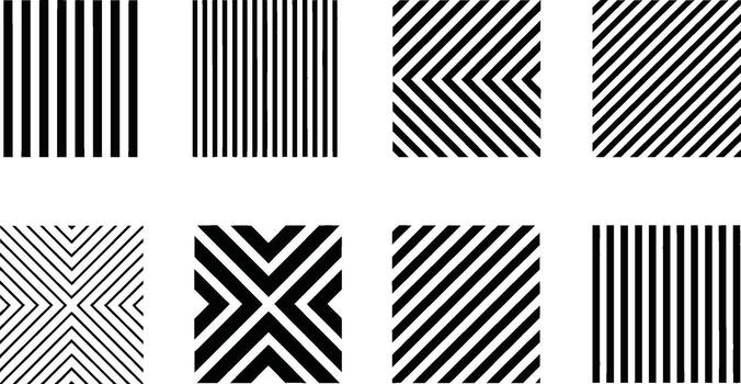 Collection of geometric black and white pattern designs displaying diverse stripes and angles for creative applications. vector