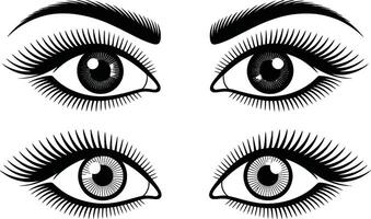 Artistic illustration depicting four eyes with long eyelashes and detailed eyebrows in a graphic black and white style vector