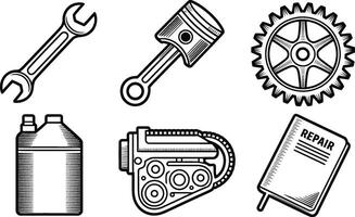 Illustration of automotive repair tools and engine components in black and white with a minimalist design vector