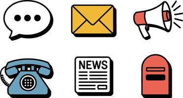 Diverse communication icons representing messaging email announcements and news delivery in simplified graphic style vector