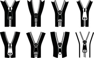 Set of black and white zipper illustrations with various designs and openings for fashion and design vector