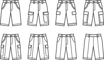 Illustrated collection of various summer shorts designs outlined in black and white perfect for design projects vector