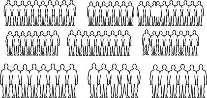 A minimalist black and white illustration featuring silhouettes of several groups of people standing in a row. vector