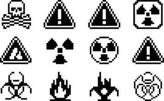 Pixelated danger symbols including biohazard radioactive warning signs and skull and crossbones graphics vector