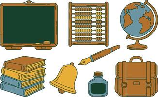 Charming hand drawn educational icons including blackboard globe books bell inkwell and briefcase in illustration vector