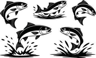 Black and white illustrations of jumping fish featuring splashes and water elements in different poses vector