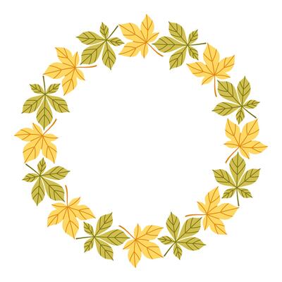 Simple autumn leaf circle frame. Round border made of fall leaves in orange, yellow, and green. The leaves have different shapes and are arranged in a circle. flat isolated on white background.