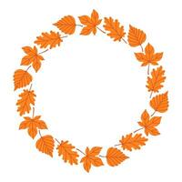 Autumn leaves circle frame. Round border made of fall leaves in orange. The leaves have different shapes and are arranged in a circle. flat isolated on white background. vector