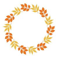 Autumn simple leaves circle frame. Round border made of fall leaves in orange, yellow, and green. The leaves have different shapes and are arranged in a circle. flat isolated on white background. vector