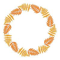 Autumn leaf circle frame. Round border made of fall leaves in orange, yellow, and green. The leaves have different shapes and are arranged in a circle. flat isolated on white background. vector