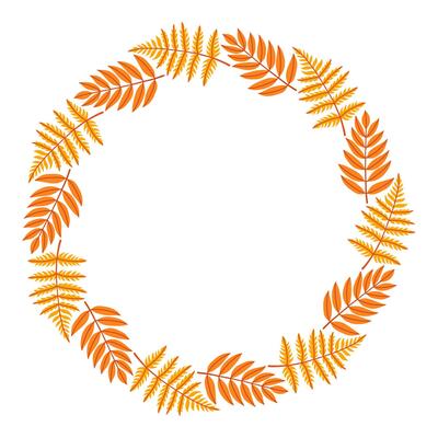 Autumn leaf circle frame. Round border made of fall leaves in orange, yellow, and green. The leaves have different shapes and are arranged in a circle. flat isolated on white background.