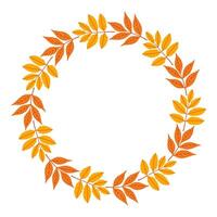 Simple autumn leaves circle frame. Round border made of fall leaves in orange, yellow, and green. The leaves have different shapes and are arranged in a circle. flat isolated on white background. vector