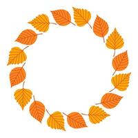 Simple autumn leaves circle frame. Round border made of fall leaves in orange, yellow. The leaves have different shapes and are arranged in a circle. flat isolated on white background. vector