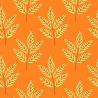 Simple abstract floral seamless pattern with colorful autumn leaves in yellow and orange. The leaves are arranged in rows on a orange background, cozy fall vibe. Hand drawn botanical leaves. vector