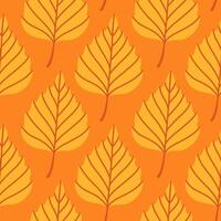 Simple abstract floral seamless pattern with colorful autumn leaves in yellow. The leaves are arranged in rows on a orange background, cozy fall vibe. Hand drawn botanical leaves. vector