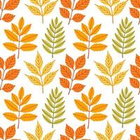 Simple abstract floral seamless pattern with colorful autumn leaves in orange, yellow, and green. The leaves are arranged in rows on a white background, cozy fall vibe. Hand drawn botanical leaves. vector