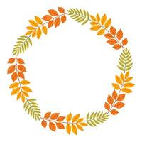 Autumn simple leaf circle frame. Round border made of fall leaves in orange, yellow, and green. The leaves have different shapes and are arranged in a circle. flat isolated on white background. vector