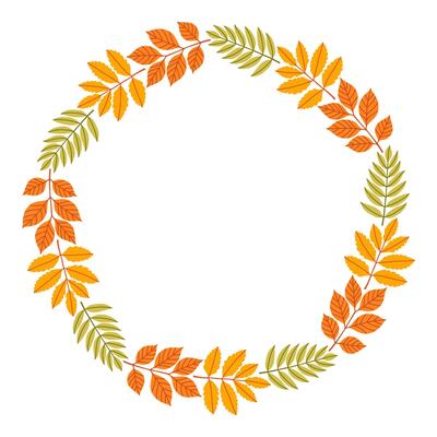 Autumn simple leaf circle frame. Round border made of fall leaves in orange, yellow, and green. The leaves have different shapes and are arranged in a circle. flat isolated on white background.