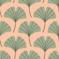 Simple abstract floral seamless pattern with colorful autumn leaves in green. The leaves are arranged in rows on a pink background, cozy fall vibe. Hand drawn botanical leaves. vector