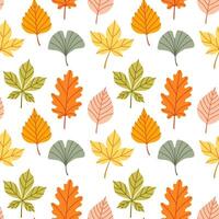 Simple abstract floral seamless pattern with colorful autumn leaves in orange, yellow, green, pink and blue. The leaves are arranged in rows on a white background. Hand drawn botanical leaves. vector