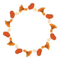 Mushroom circle frame. Round border made of fall mushrooms. The mushrooms have different shapes and are arranged in a circle. flat isolated on white background. vector