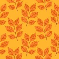 Simple abstract floral seamless pattern with colorful autumn leaves in orange and yellow. The leaves are arranged in rows on a yellow background, cozy fall vibe. Hand drawn botanical leaves. vector