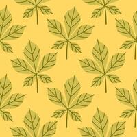Simple abstract floral seamless pattern with colorful autumn leaves in green. The leaves are arranged in rows on a yellow background, cozy fall vibe. Hand drawn botanical leaves. vector