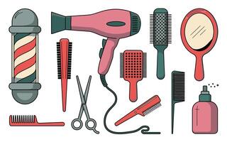 illustration of various barber shop tools and instruments for hair styling and grooming services vector