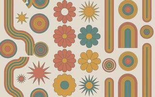 Retro 70s floral and geometric design in earth tones with repeating pattern for background vector