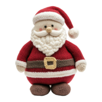 Handcrafted knitted Santa Claus doll with red suit and fluffy white beard, shown in a front view on clean transparent background, symbol of Christmas png