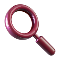 Glassy burgundy magnifier 3d icon isolated, red search tool with reflection, polished lens, ui ux design element png
