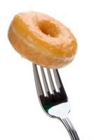Glazed donut on fork isolated, sweet pastry dessert, sugar icing drip png