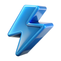 Glassy blue lightning sign 3d icon isolated, electric bolt symbol, transparent shiny effect, futuristic ui element png