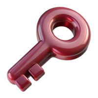 Glassy burgundy key 3d icon isolated, shiny red keychain accessory, luxury object, transparent render png
