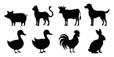 Collection of various farm animal silhouettes in simple black style vector