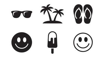 A vibrant set of summer icons featuring palm trees, beach scenes, and tropical island elements under the sun, perfect for your vacation design illustrations vector