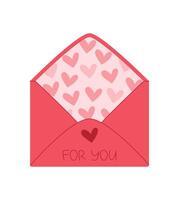 Heart shaped envelope with cute valentine card inside featuring love design. Flat cartoon graphic style illustration perfect for holiday messages. Ideal for invitations, messages, and love notes. vector