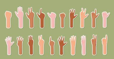 Hand count gesture sticker set in flat cartoon graphic style. Bare arms show different finger positions, indicating numbers from zero to five. Isolated graphics for educational and playful contexts. vector