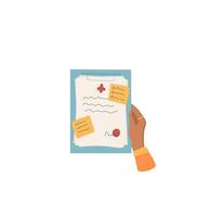 Hand holding a handwritten letter and note on paper with envelope. Creative document with flat design, icon of message and correspondence. Suitable for communication stationery themes. vector