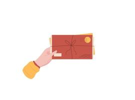 Hand hold mail letter wrapped with ribbon, symbolizing love and affection. Colorful envelope and card bundle with heartfelt message. Concept of holiday, romance, communication, flat style, vector