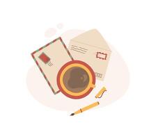 Flat postcard and envelope with note beside a coffee cup. Love letter and message in creative stationery style. Concept of communication, greeting, correspondence, suitable for various uses. vector