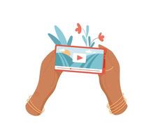 A woman holds a mobile phone to watch a . The female character interacts with an app on touchscreen. The phone screen displays an online media application, simple concept, ideal for social media vector