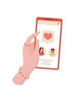 A hand holds a smartphone with a dating app. A user interacts with mobile application through touch. The screen displays messages in social platform, flat style, suitable for digital media. vector